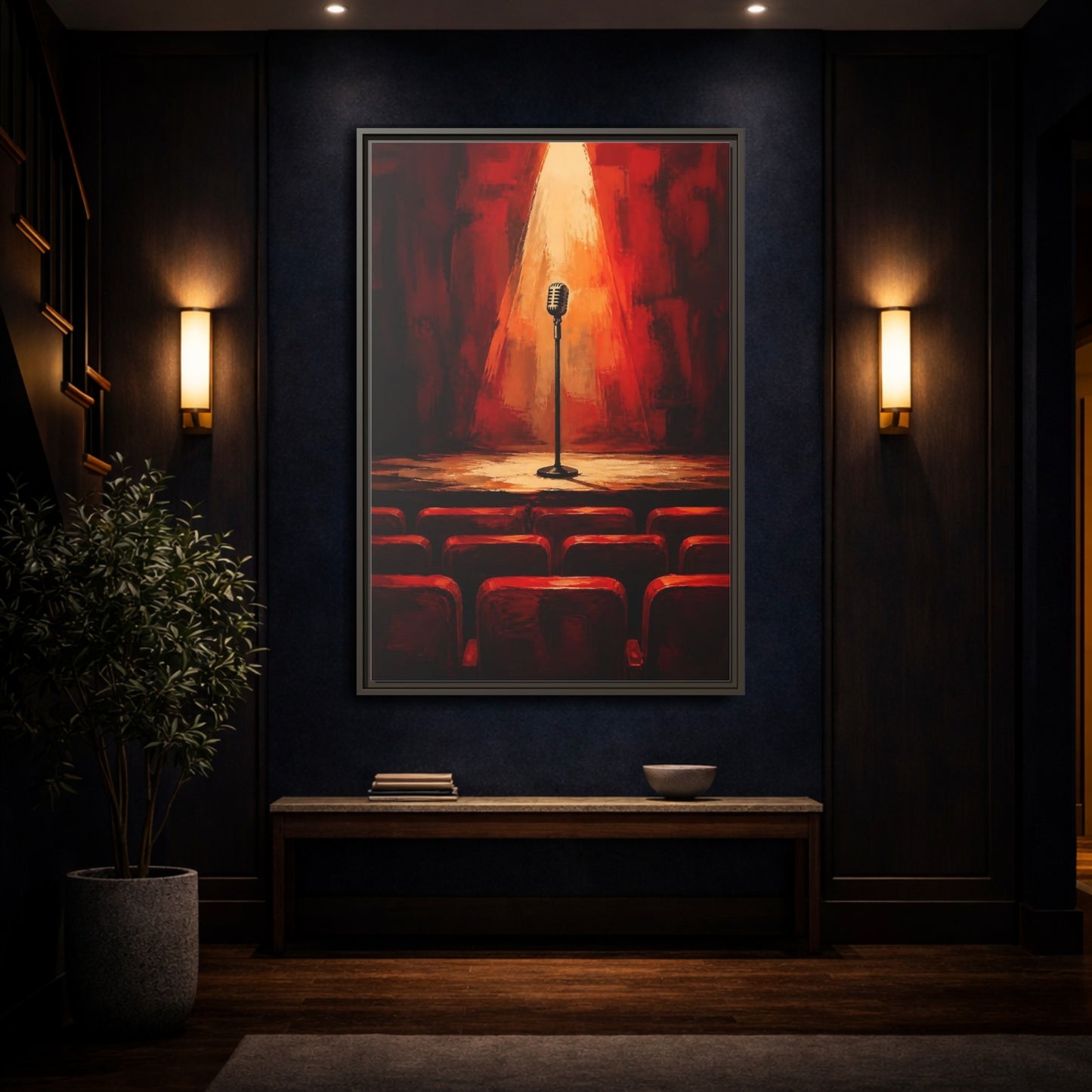 Mockup 4. Vintage Microphone Red Stage shown as framed canvas print