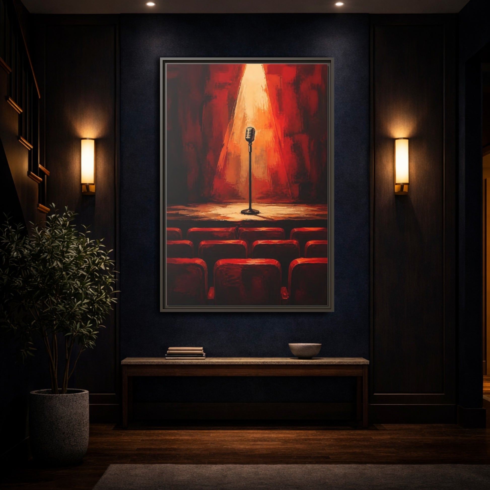 Mockup 4. Vintage Microphone Red Stage shown as framed canvas print