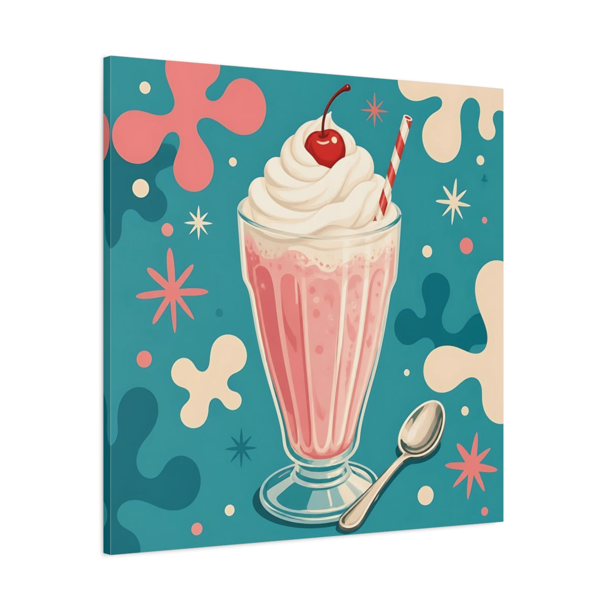 Side Mockup 1. Vintage Milkshake Pink Milkshake shown as stretched canvas wall art