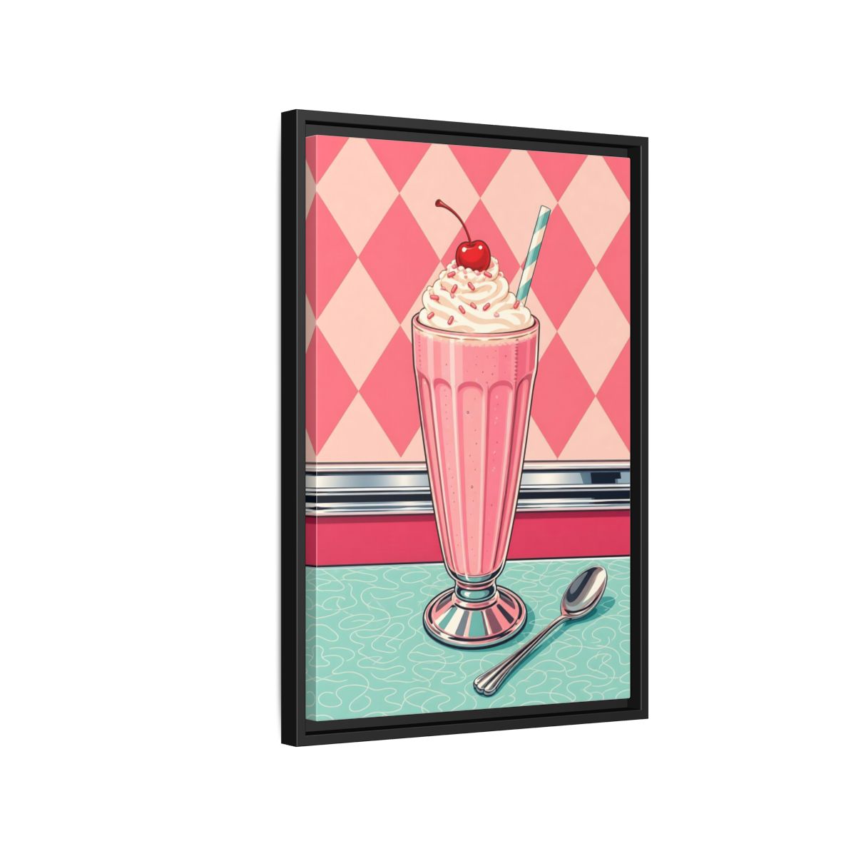 Side Mockup 3. Vintage Milkshake Pink Milkshake shown as framed canvas print