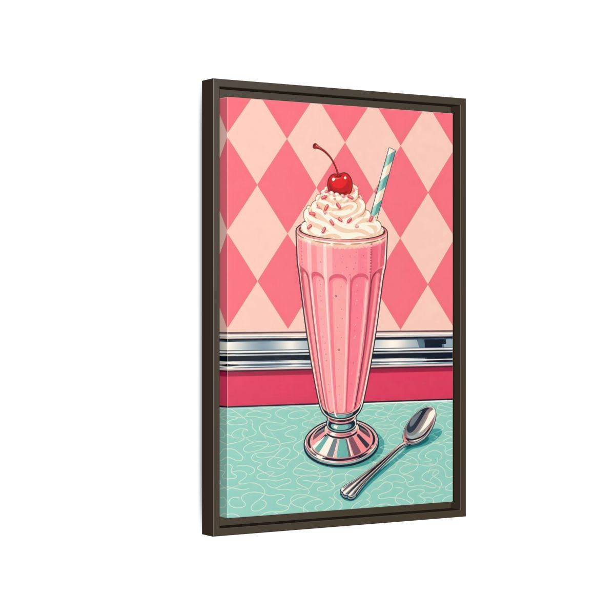Side Mockup 2. Vintage Milkshake Pink Milkshake shown as framed canvas print