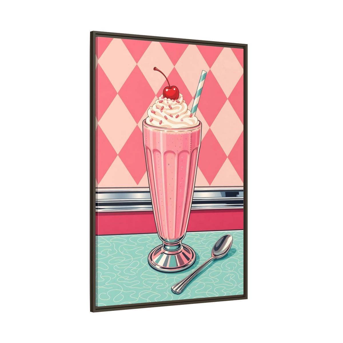 Side Mockup 8. Vintage Milkshake Pink Milkshake shown as framed canvas print