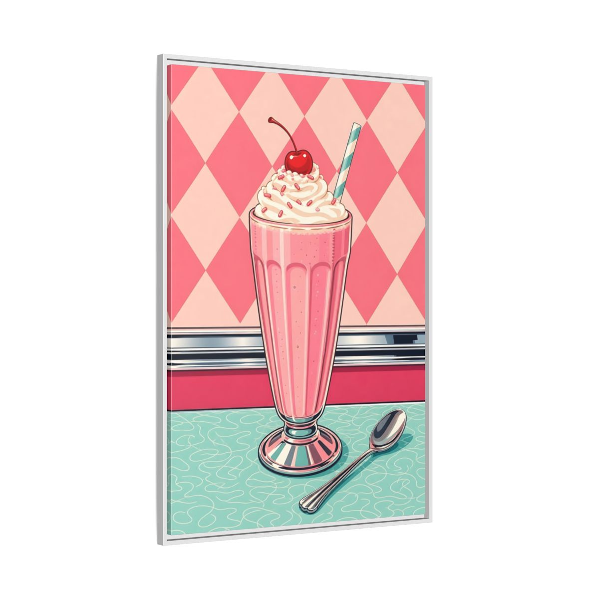 Side Mockup 7. Vintage Milkshake Pink Milkshake shown as framed canvas print