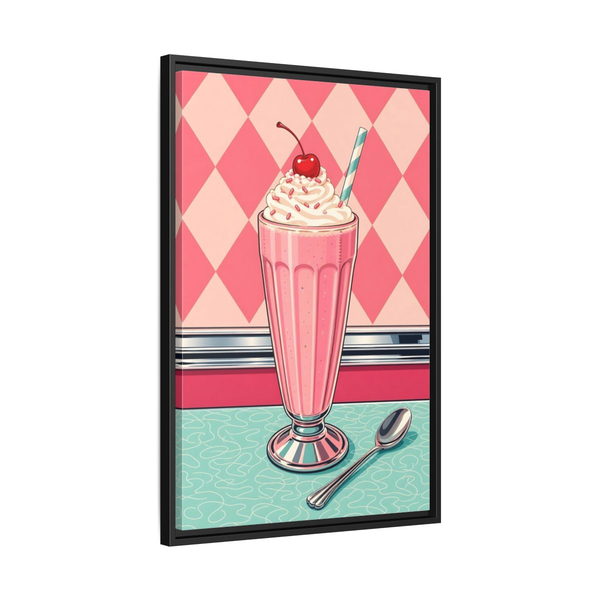 Side Mockup 14. Vintage Milkshake Pink Milkshake shown as framed canvas print
