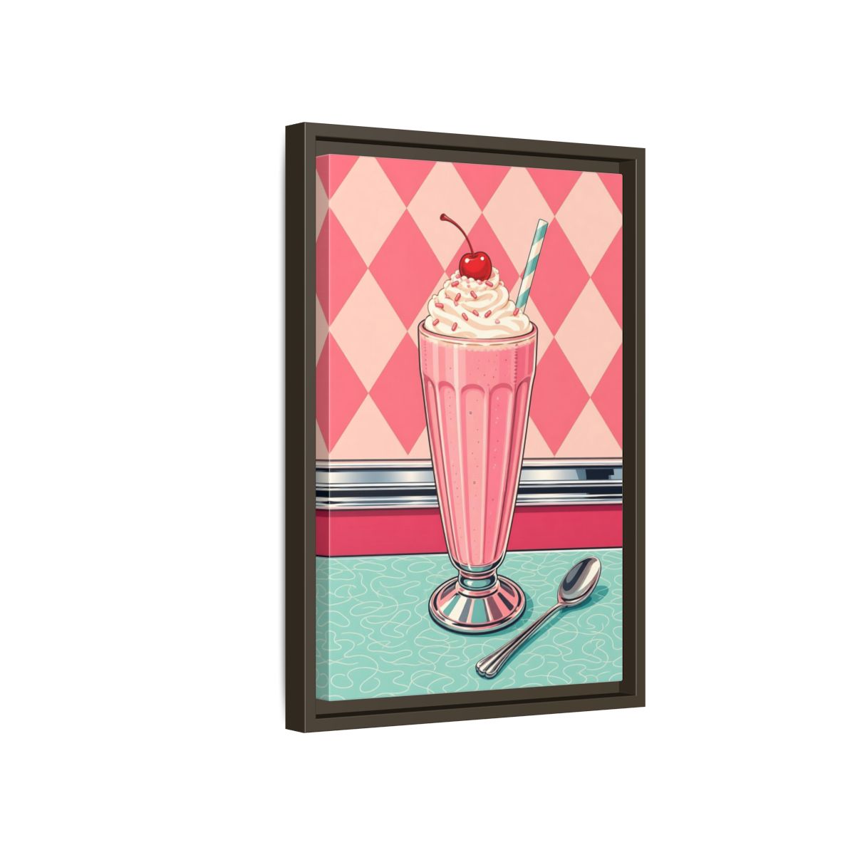 Side Mockup 5. Vintage Milkshake Pink Milkshake shown as framed canvas print