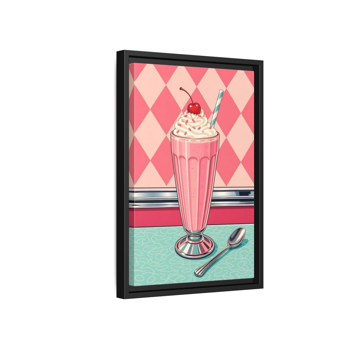 Side Mockup 6. Vintage Milkshake Pink Milkshake shown as framed canvas print