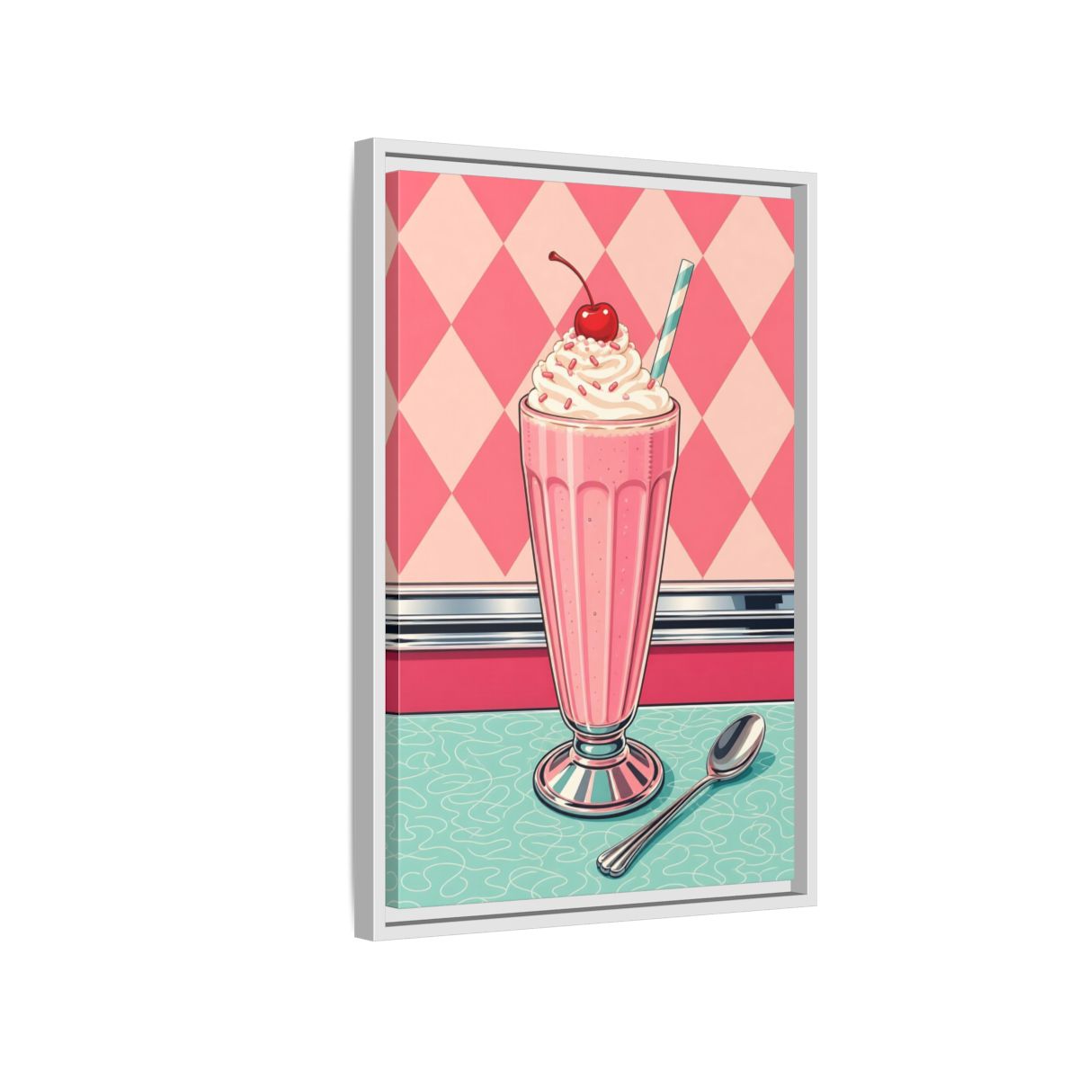 Side Mockup 1. Vintage Milkshake Pink Milkshake shown as framed canvas print