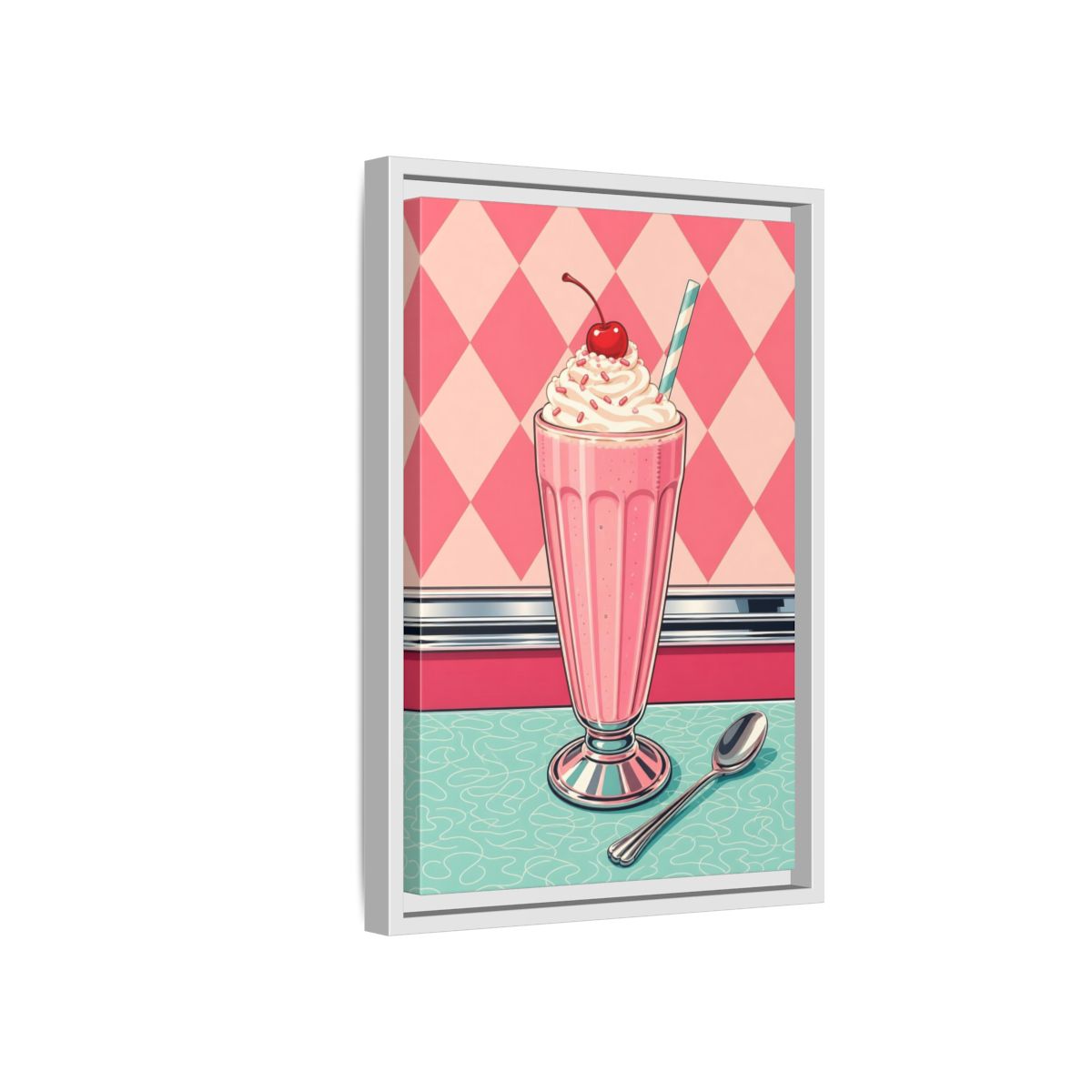 Side Mockup 4. Vintage Milkshake Pink Milkshake shown as framed canvas print