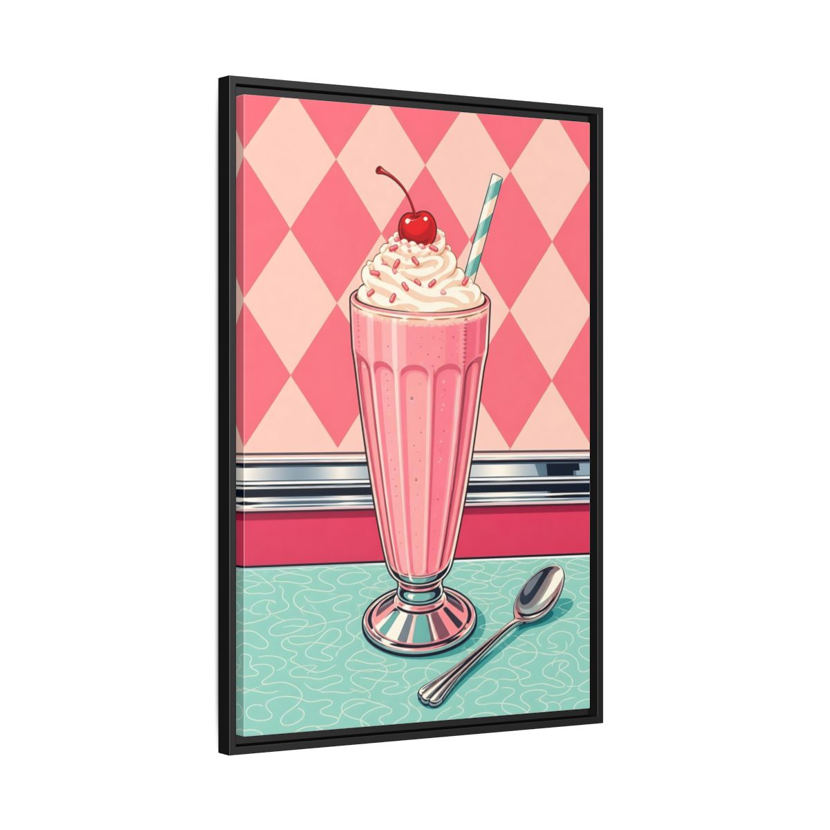 Side Mockup 13. Vintage Milkshake Pink Milkshake shown as framed canvas print