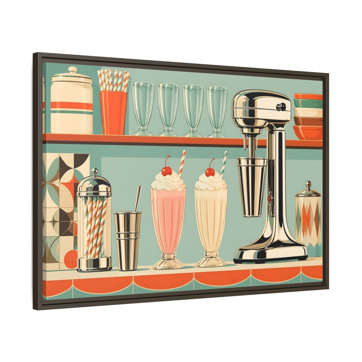 Main Mockup. Vintage Milkshakes Retro Teal Orange shown as stretched canvas wall art