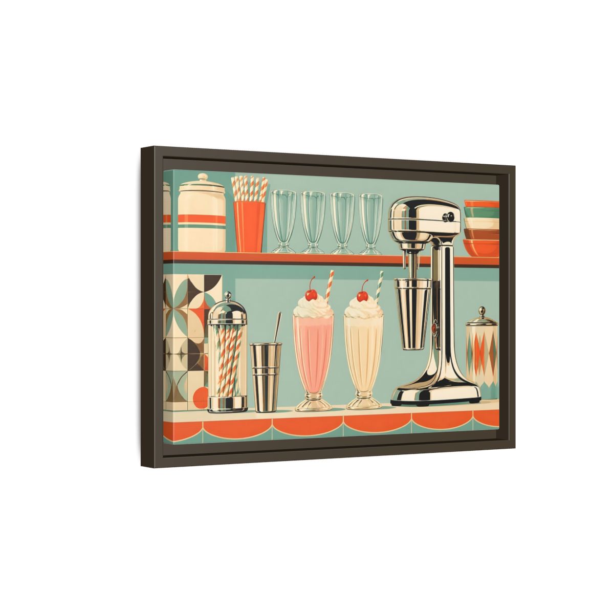 Side Mockup 5. Vintage Milkshakes Retro Teal Orange shown as stretched canvas wall art