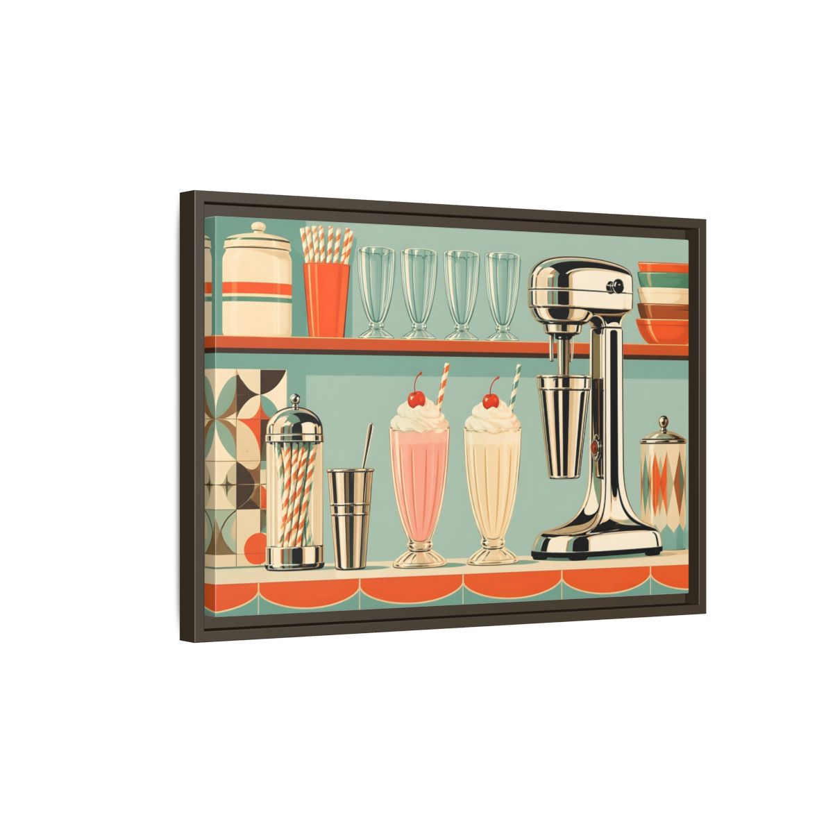 Side Mockup 2. Vintage Milkshakes Retro Teal Orange shown as stretched canvas wall art