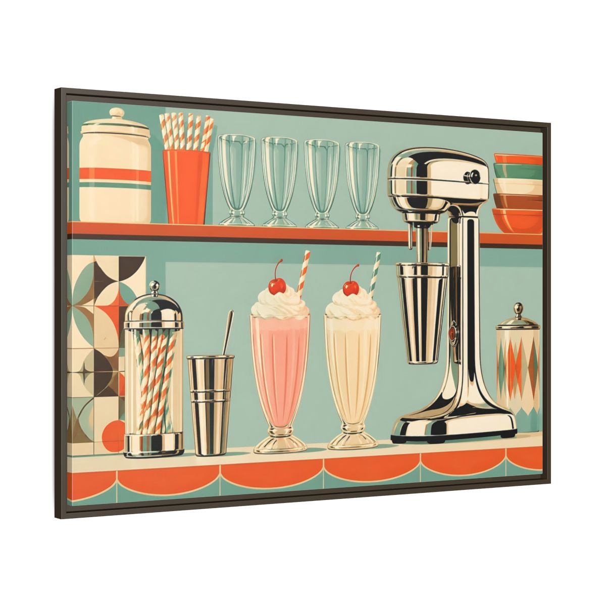 Side Mockup 8. Vintage Milkshakes Retro Teal Orange shown as stretched canvas wall art