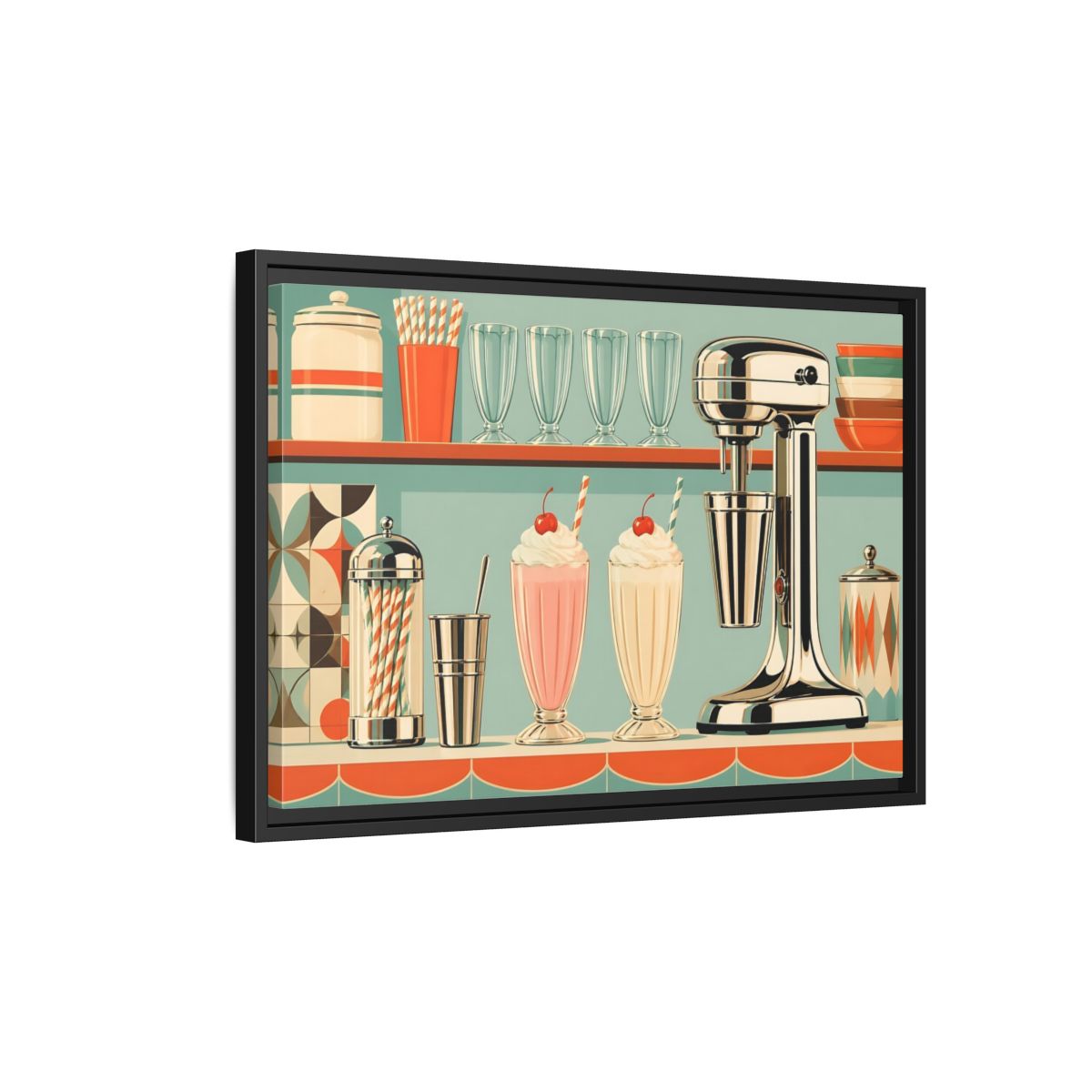 Side Mockup 3. Vintage Milkshakes Retro Teal Orange shown as stretched canvas wall art