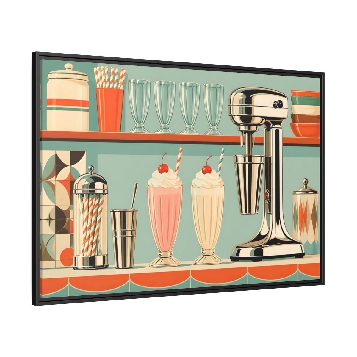 Side Mockup 12. Vintage Milkshakes Retro Teal Orange shown as stretched canvas wall art