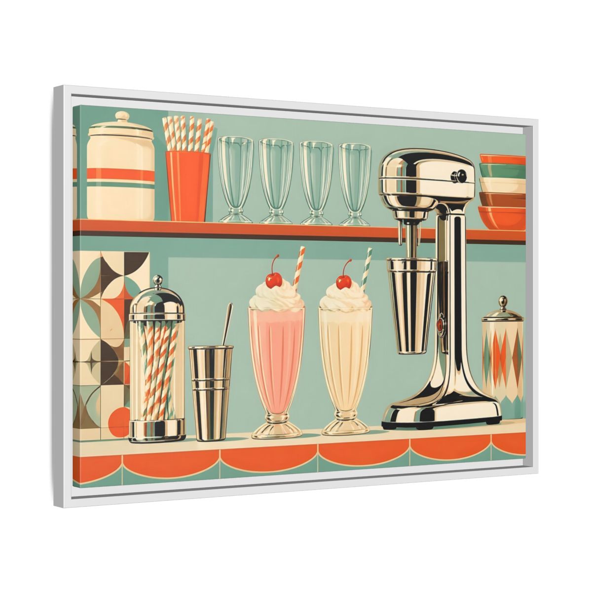 Side Mockup 10. Vintage Milkshakes Retro Teal Orange shown as stretched canvas wall art