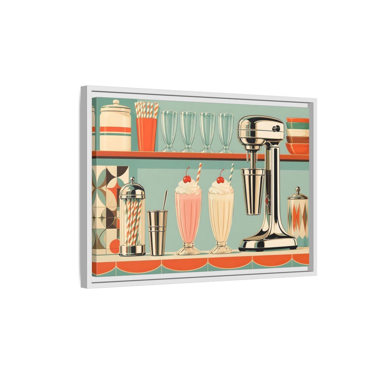 Side Mockup 1. Vintage Milkshakes Retro Teal Orange shown as stretched canvas wall art