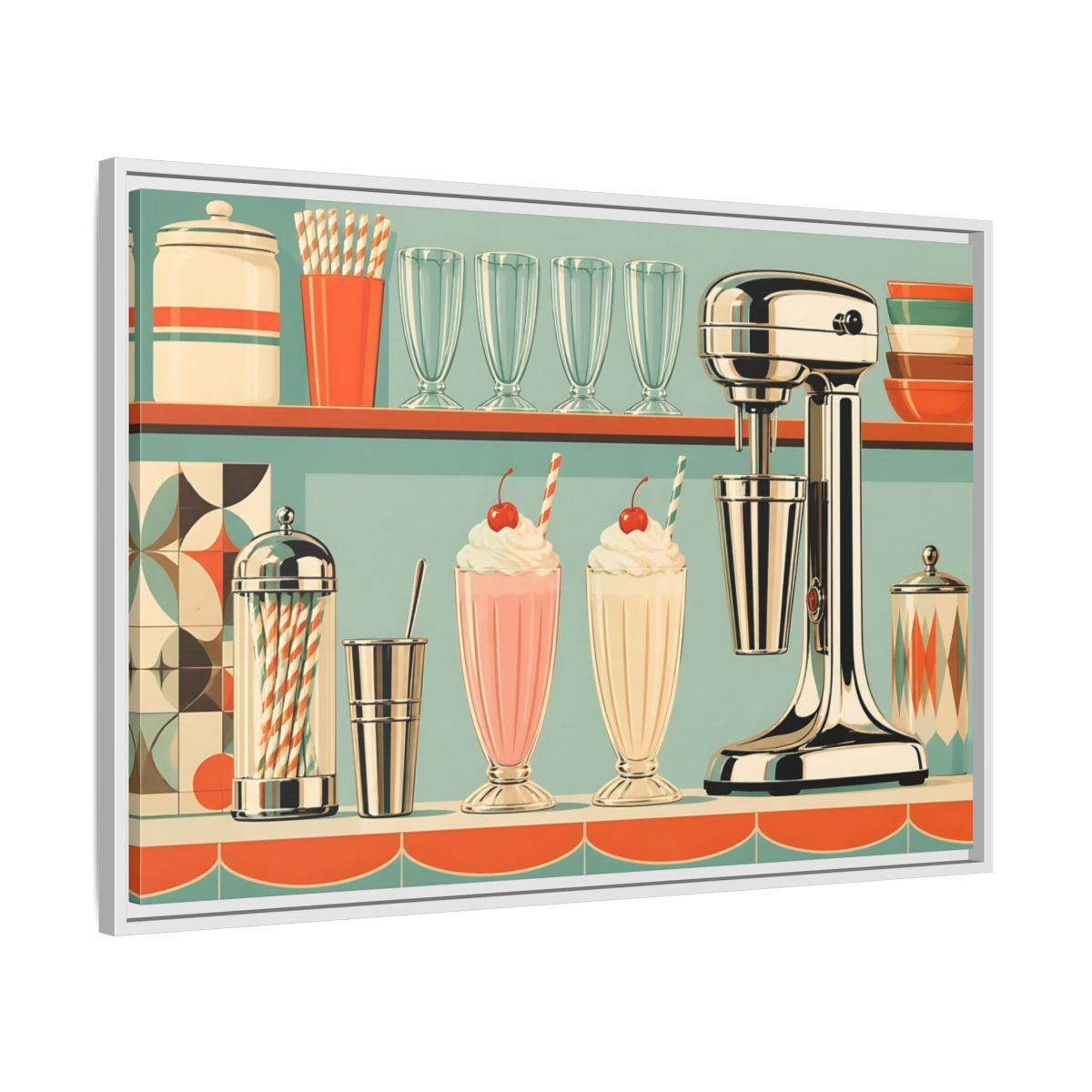 Side Mockup 9. Vintage Milkshakes Retro Teal Orange shown as stretched canvas wall art