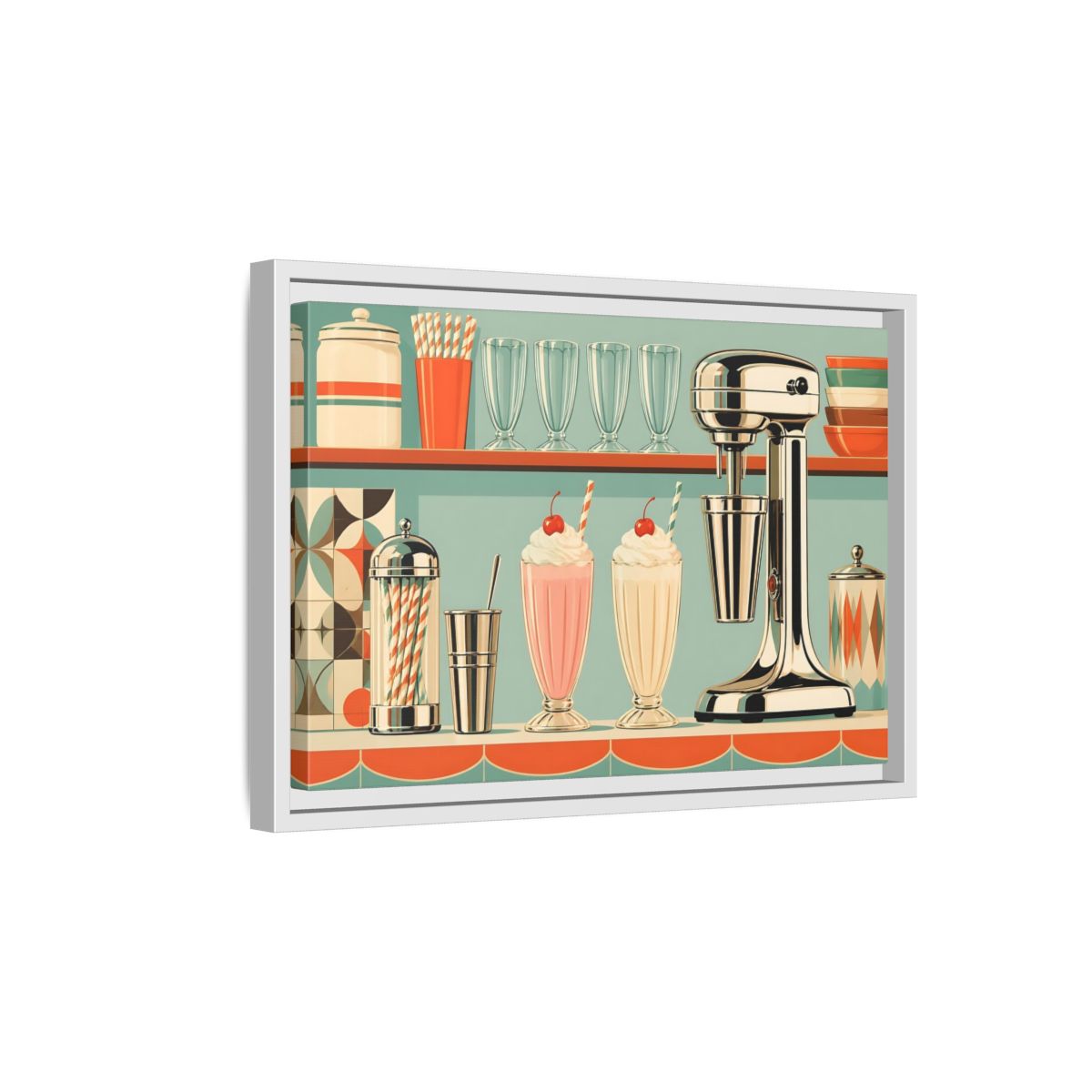 Side Mockup 4. Vintage Milkshakes Retro Teal Orange shown as stretched canvas wall art