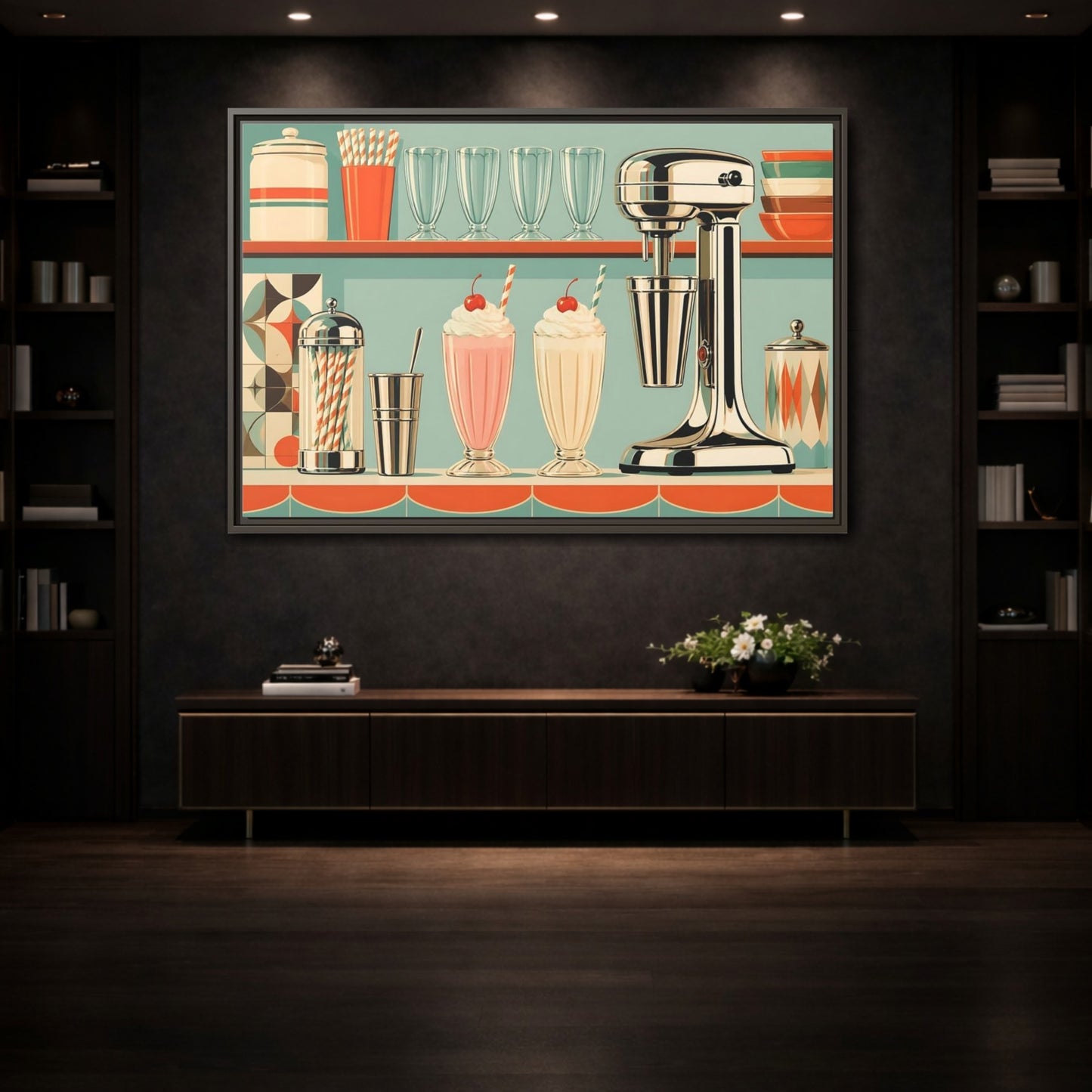 Mockup 3. Vintage Milkshakes Retro Teal Orange shown as stretched canvas wall art
