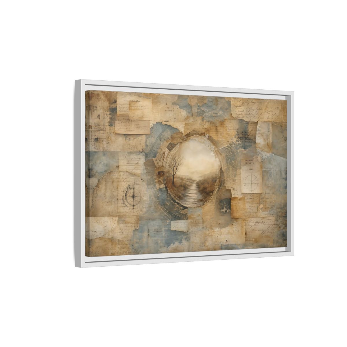 Side Mockup 1. Vintage Misty Path Vintage Brown Blue shown as stretched canvas wall art
