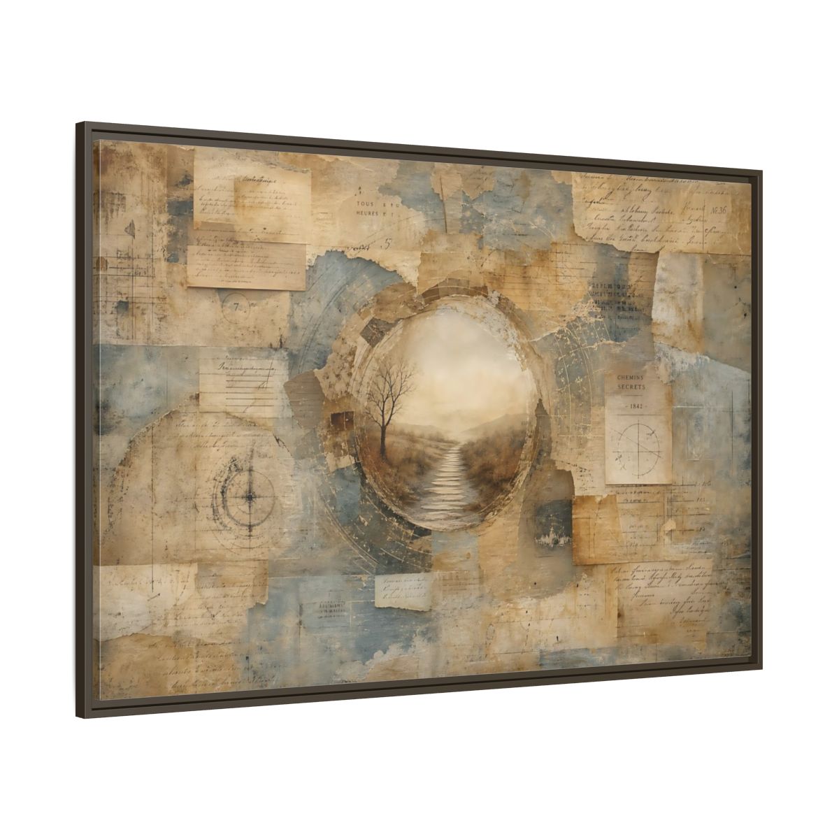 Side Mockup 8. Vintage Misty Path Vintage Brown Blue shown as stretched canvas wall art