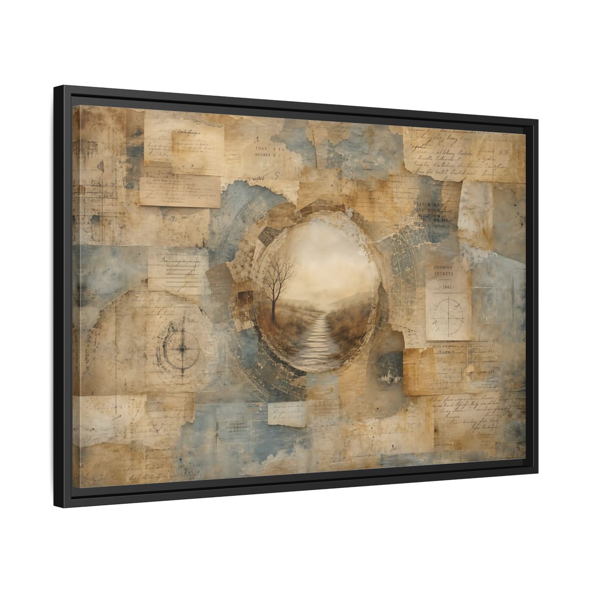 Side Mockup 14. Vintage Misty Path Vintage Brown Blue shown as stretched canvas wall art
