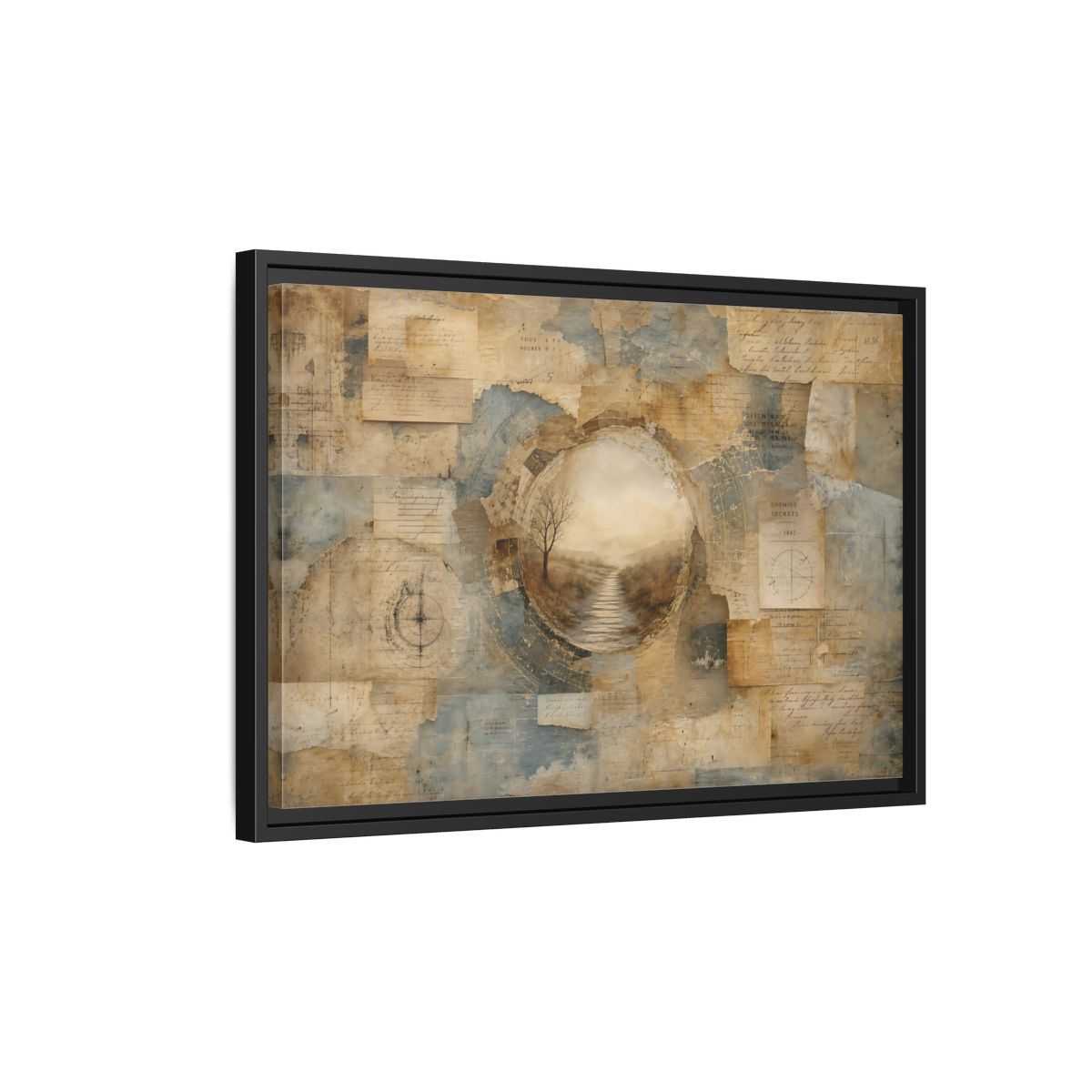 Side Mockup 3. Vintage Misty Path Vintage Brown Blue shown as stretched canvas wall art