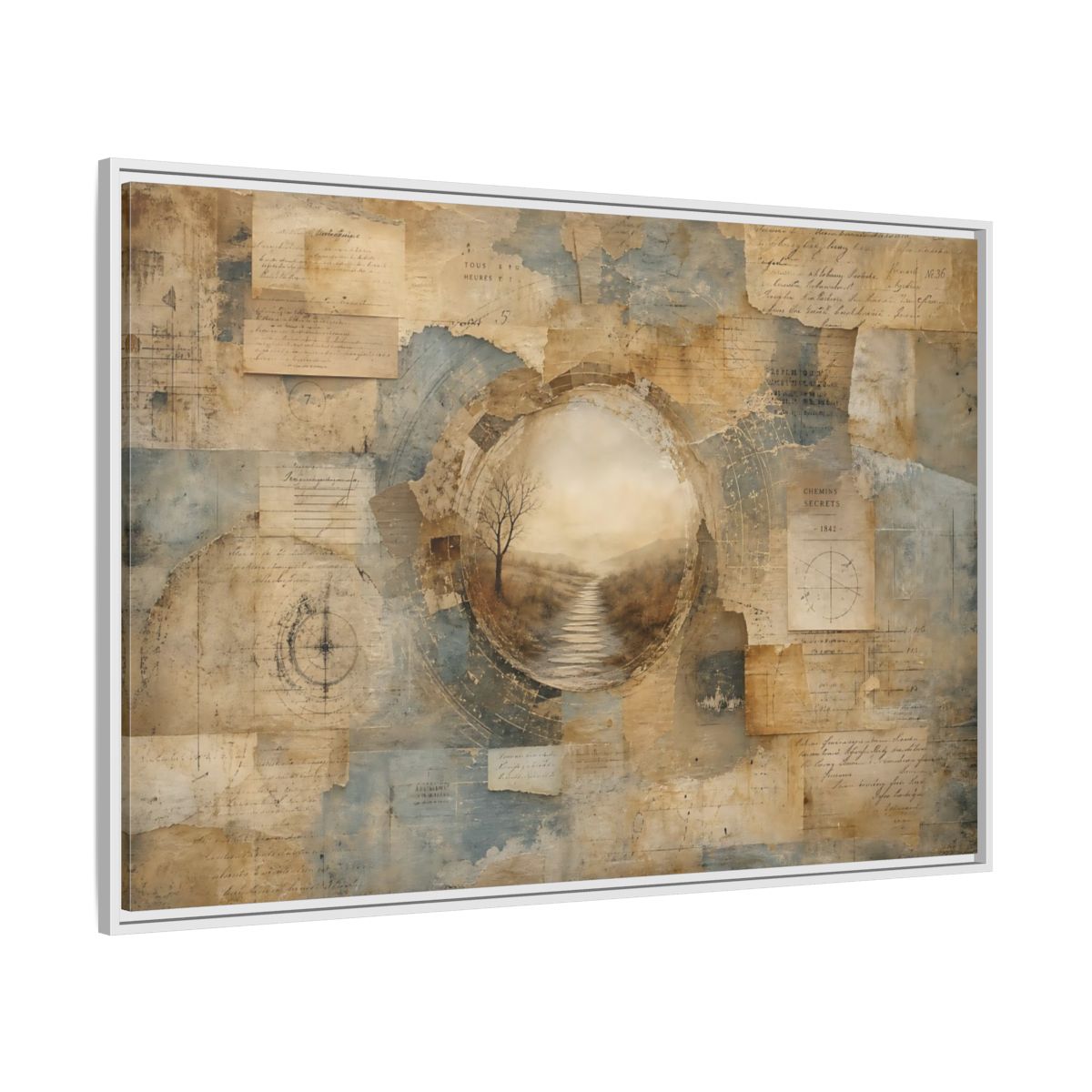 Side Mockup 7. Vintage Misty Path Vintage Brown Blue shown as stretched canvas wall art