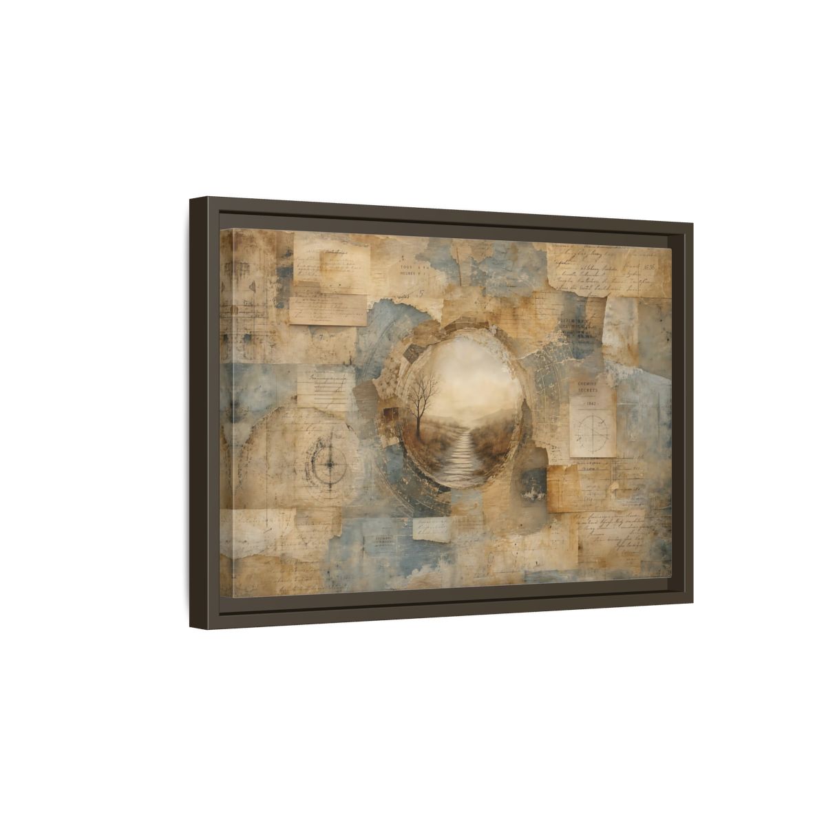 Side Mockup 5. Vintage Misty Path Vintage Brown Blue shown as stretched canvas wall art
