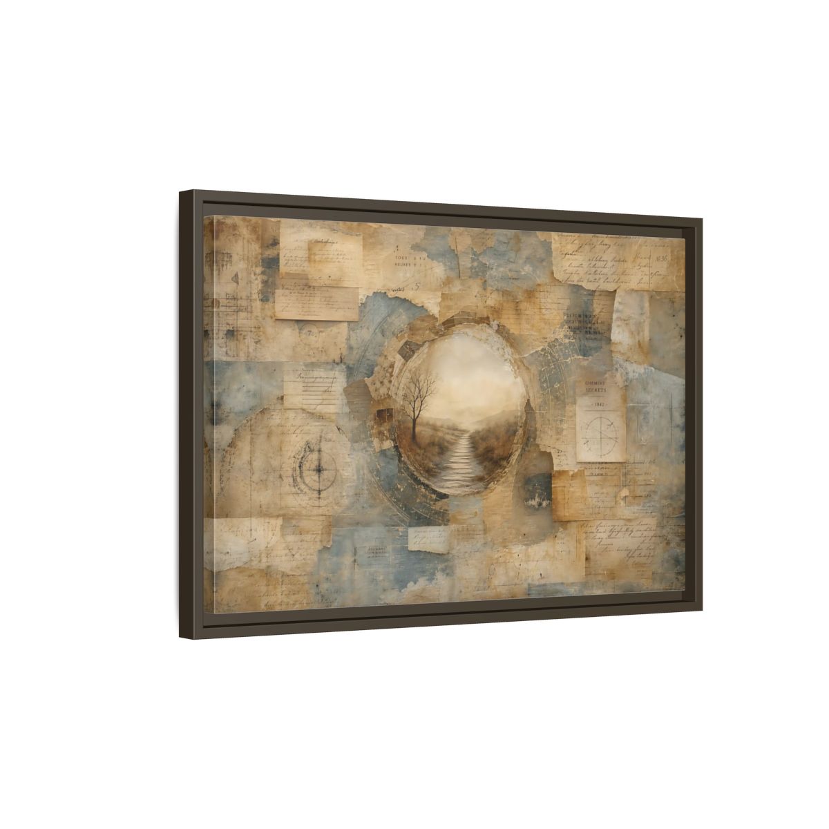 Side Mockup 2. Vintage Misty Path Vintage Brown Blue shown as stretched canvas wall art