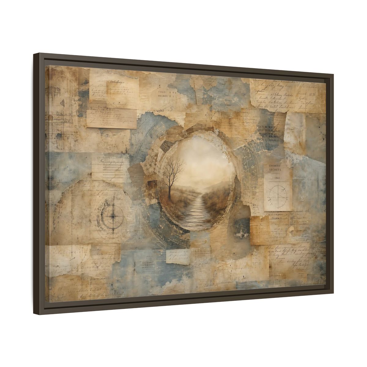 Side Mockup 11. Vintage Misty Path Vintage Brown Blue shown as stretched canvas wall art