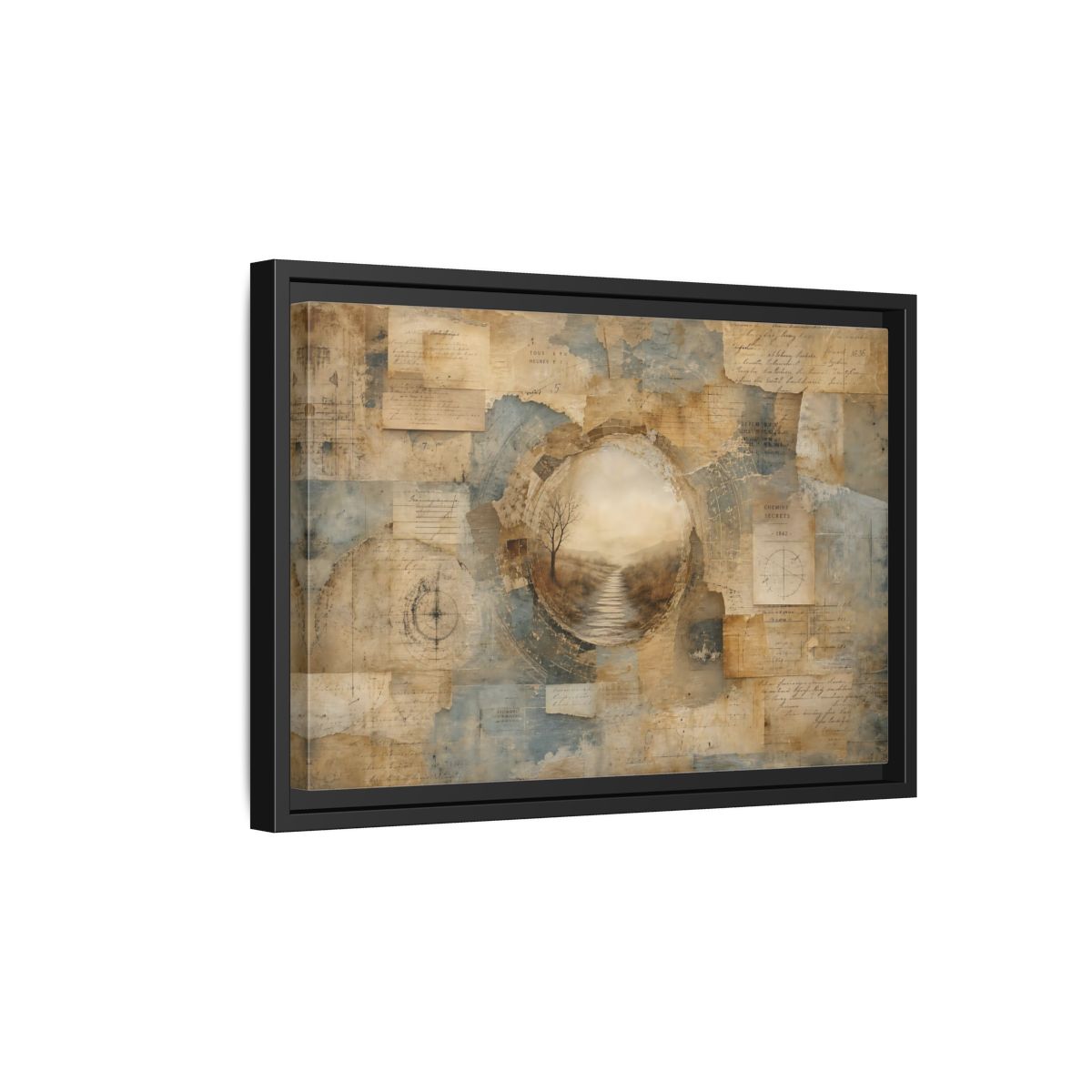 Side Mockup 6. Vintage Misty Path Vintage Brown Blue shown as stretched canvas wall art