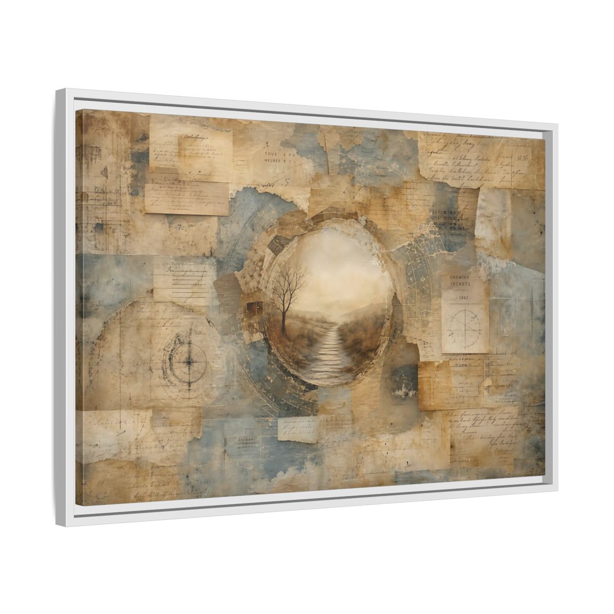 Side Mockup 10. Vintage Misty Path Vintage Brown Blue shown as stretched canvas wall art