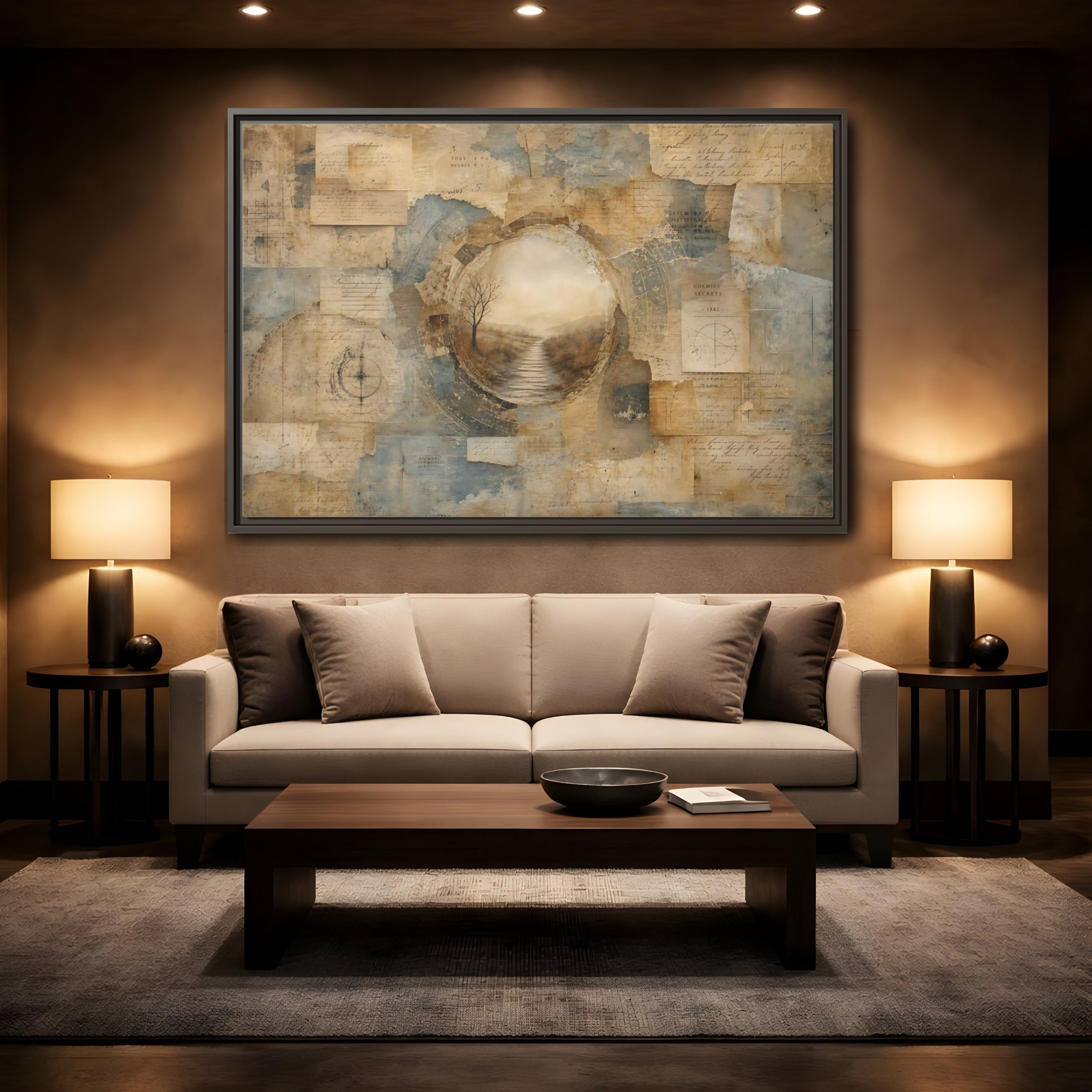 Mockup 2. Vintage Misty Path Vintage Brown Blue shown as stretched canvas wall art