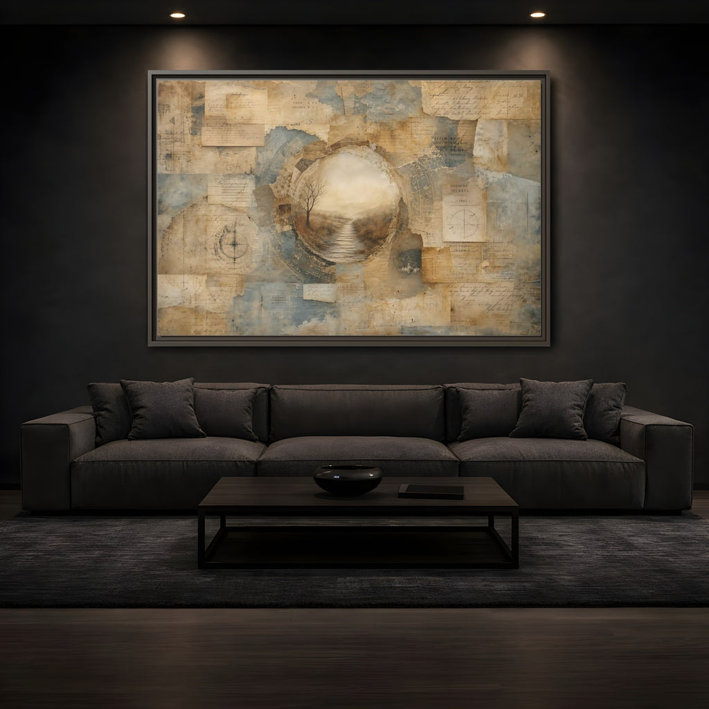 Mockup 3. Vintage Misty Path Vintage Brown Blue shown as stretched canvas wall art