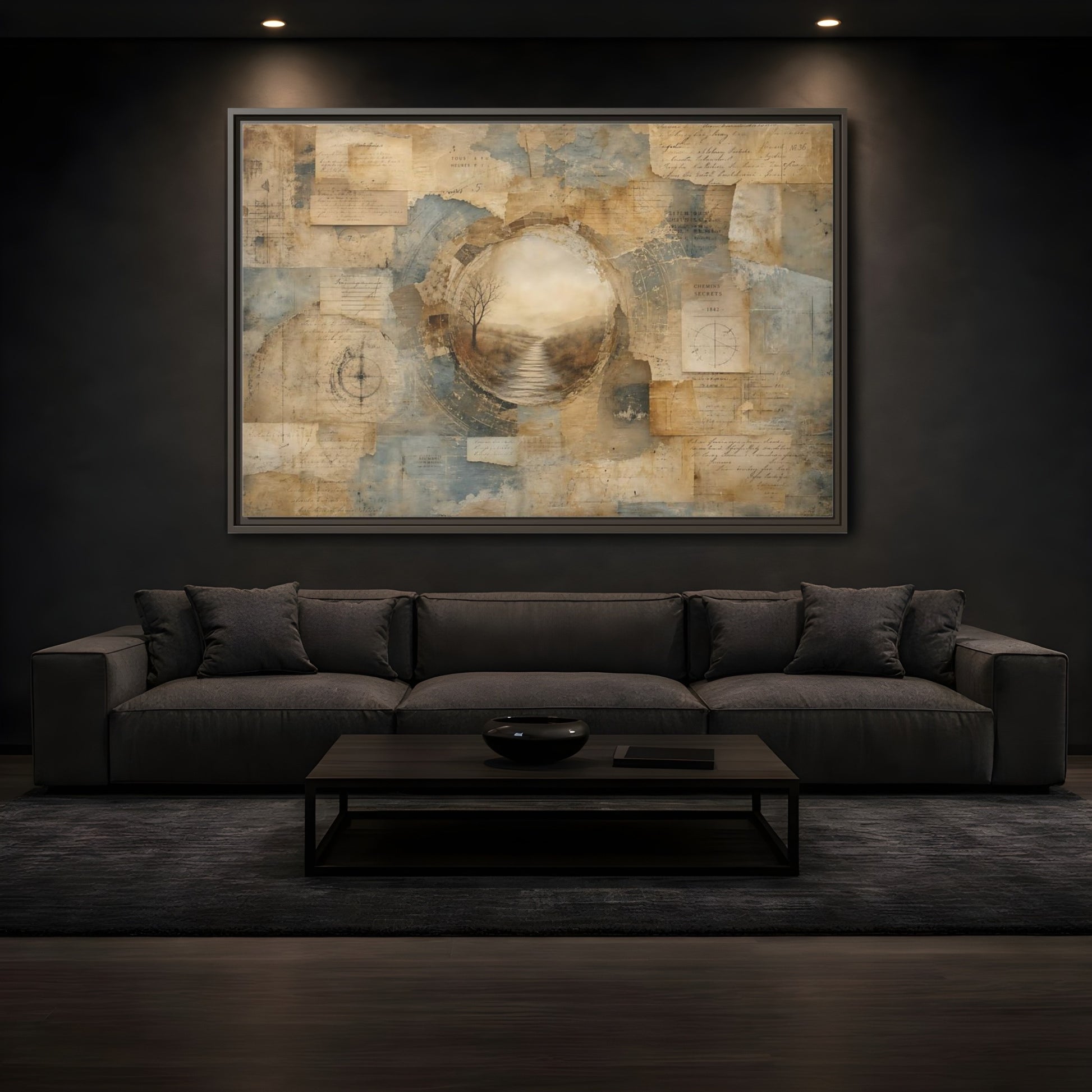 Mockup 3. Vintage Misty Path Vintage Brown Blue shown as stretched canvas wall art