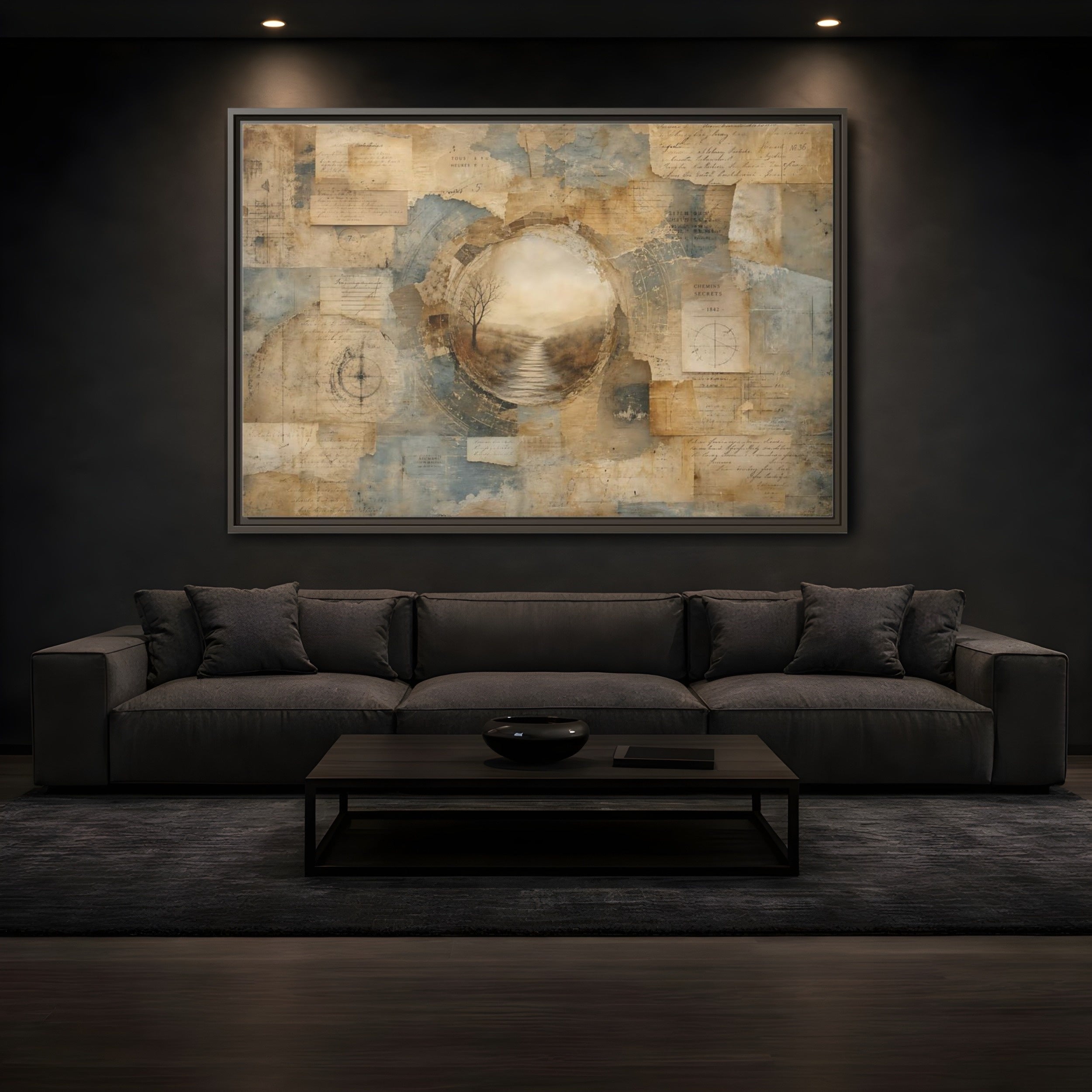 Mockup 3. Vintage Misty Path Vintage Brown Blue shown as stretched canvas wall art