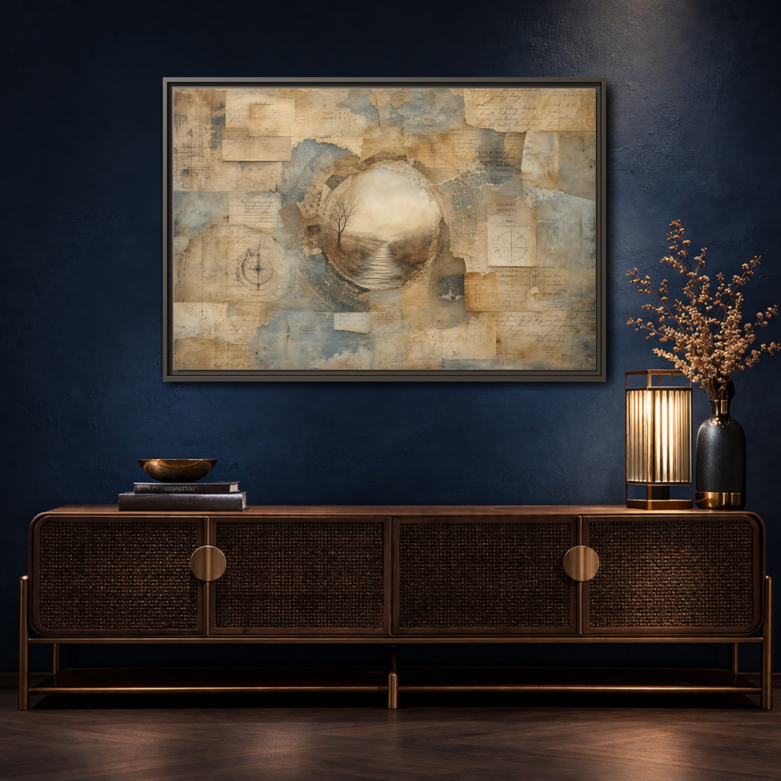 Mockup 4. Vintage Misty Path Vintage Brown Blue shown as stretched canvas wall art