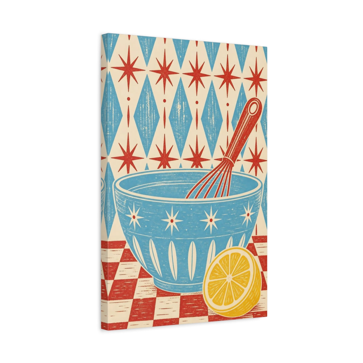 Side Mockup 3. Vintage Mixing Bowl Red Blue Yellow shown as stretched canvas wall art