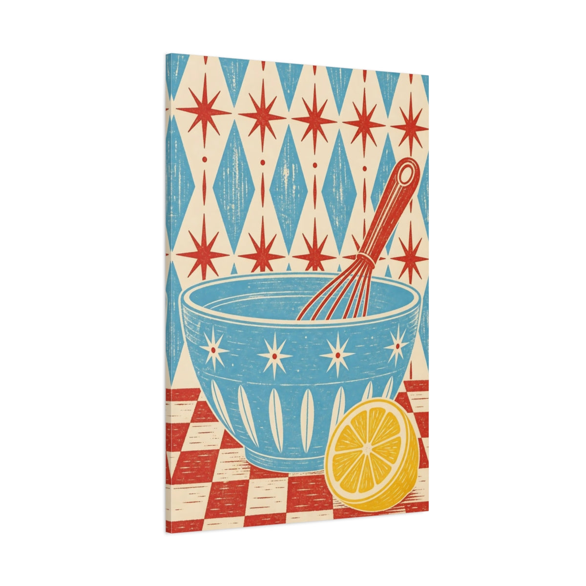 Side Mockup 1. Vintage Mixing Bowl Red Blue Yellow shown as stretched canvas wall art