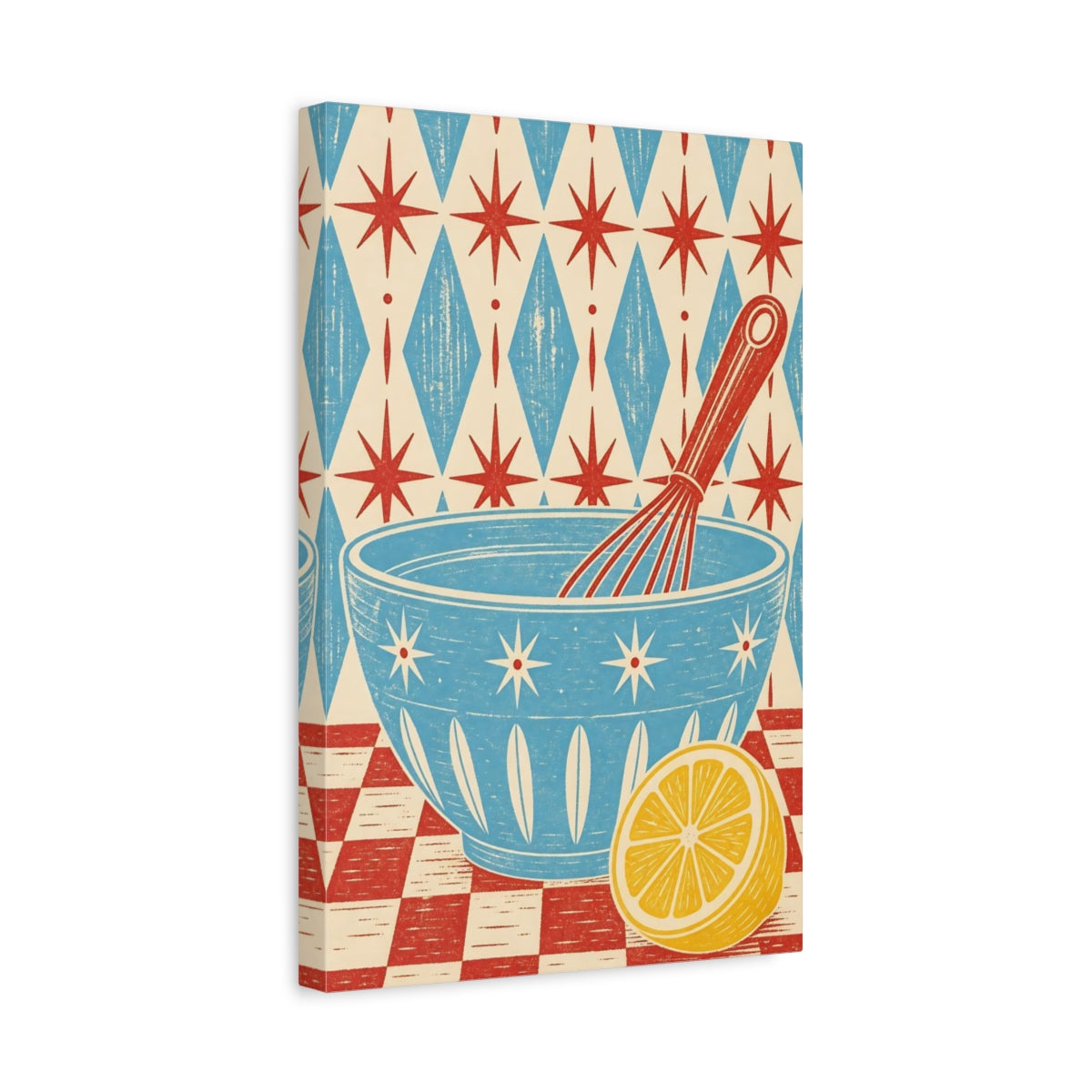 Side Mockup 4. Vintage Mixing Bowl Red Blue Yellow shown as stretched canvas wall art
