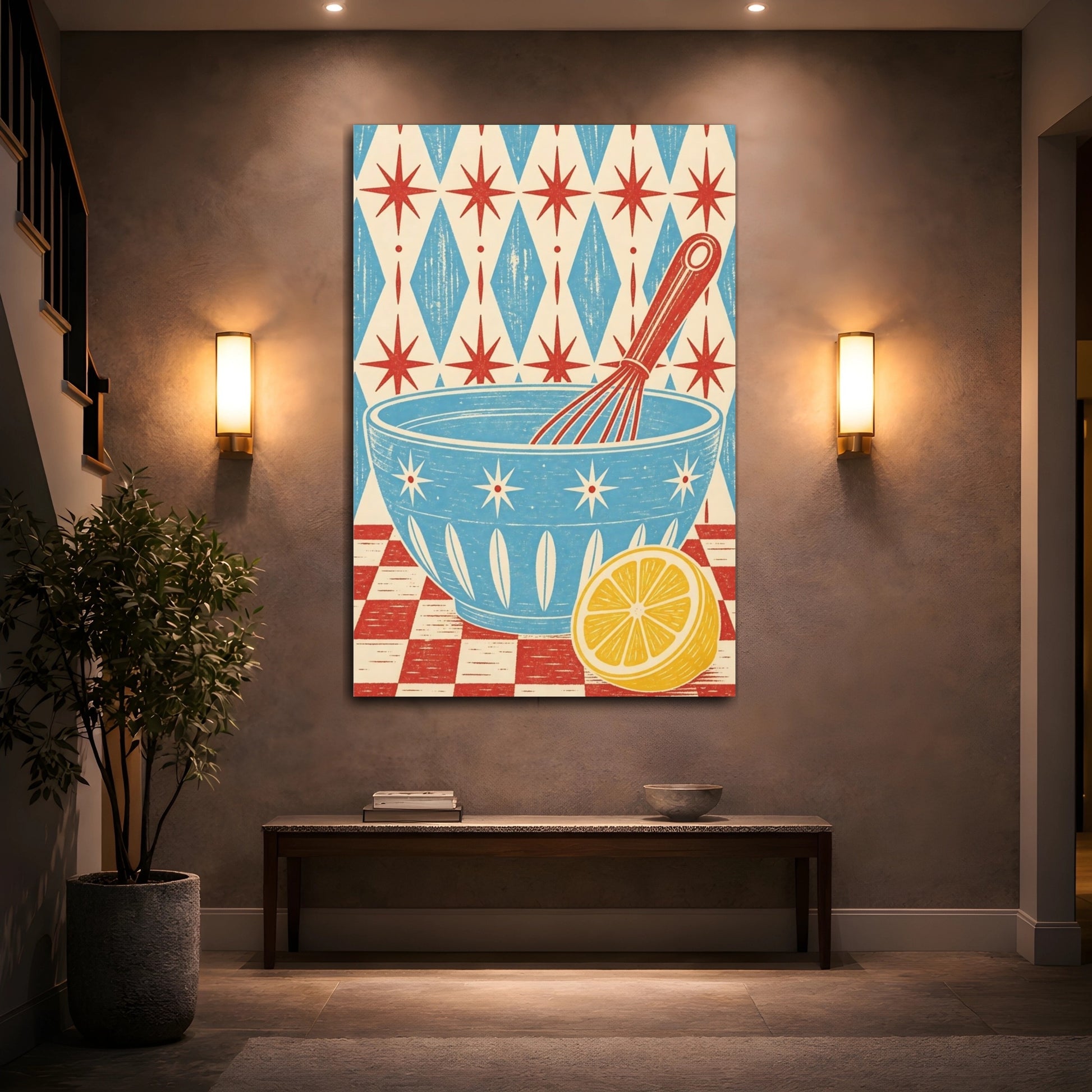 Mockup 2. Vintage Mixing Bowl Red Blue Yellow shown as stretched canvas wall art