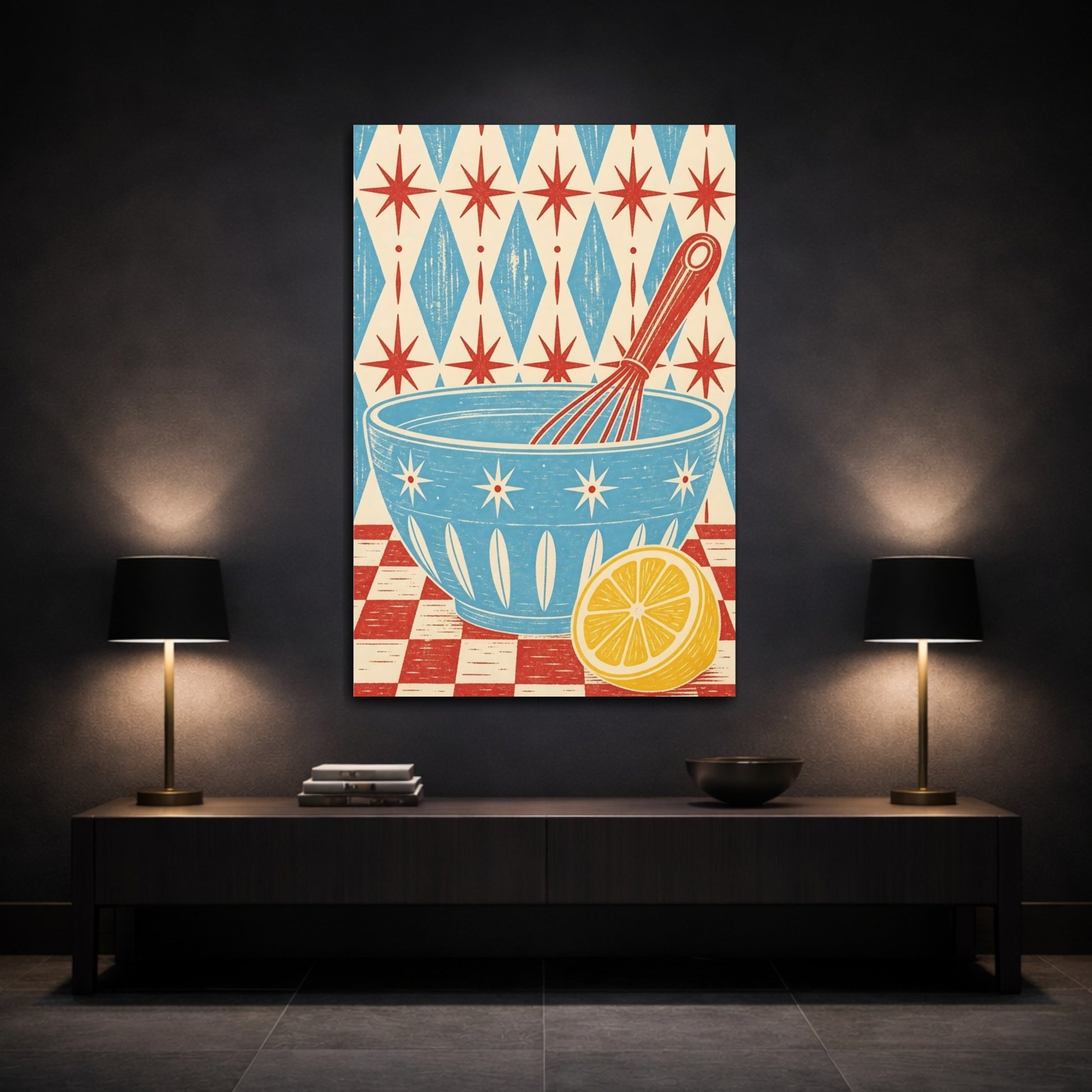 Mockup 3. Vintage Mixing Bowl Red Blue Yellow shown as stretched canvas wall art