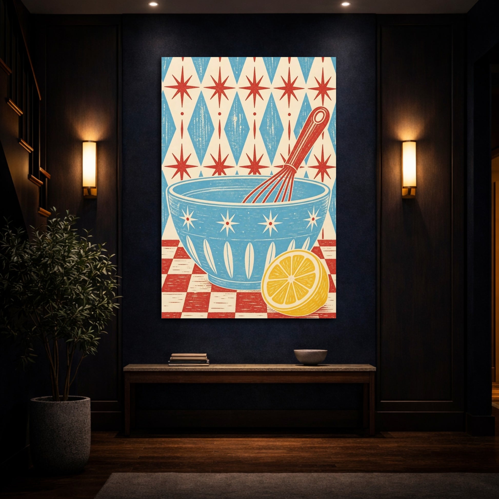 Mockup 4. Vintage Mixing Bowl Red Blue Yellow shown as stretched canvas wall art