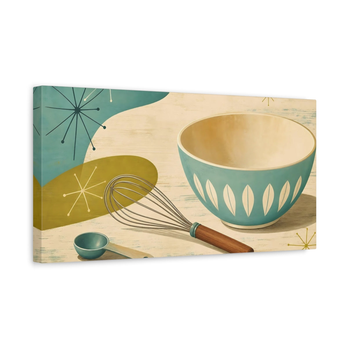Side Mockup 3. Vintage Mixing Bowl Teal Brown Kitchenware shown as canvas print