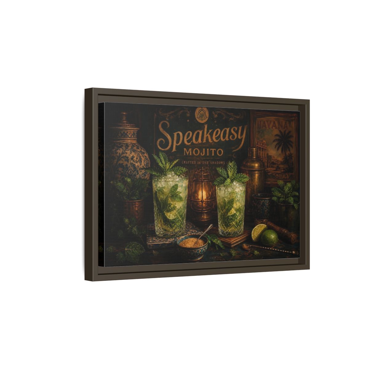 Side Mockup 5. Vintage Mojito Bar Scene shown as framed canvas print