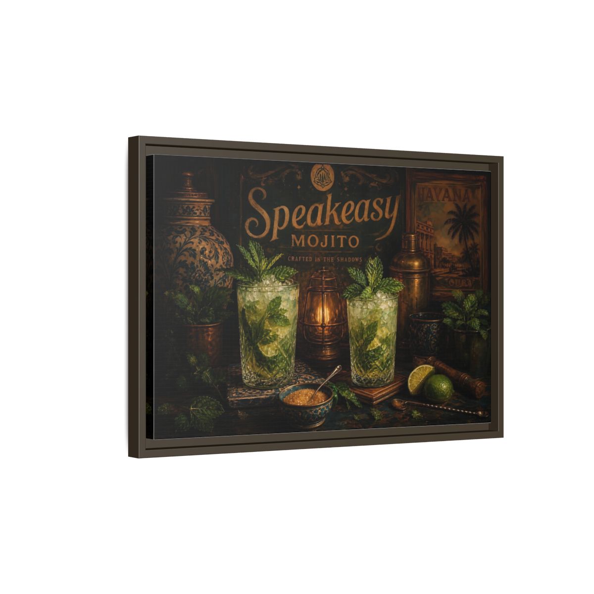 Side Mockup 2. Vintage Mojito Bar Scene shown as framed canvas print