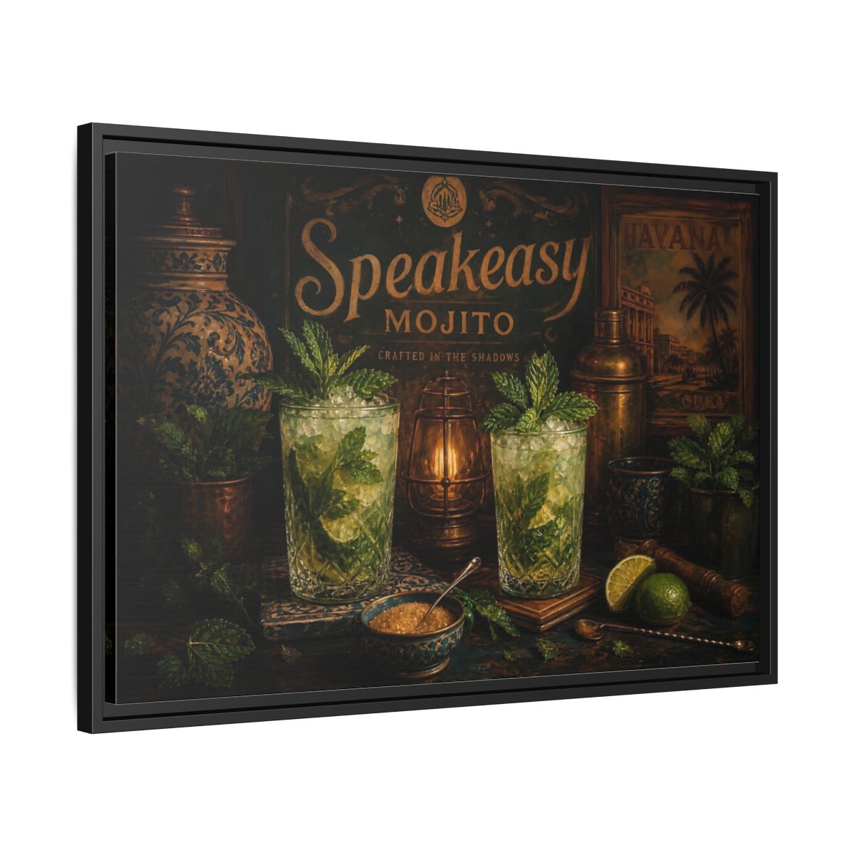 Side Mockup 14. Vintage Mojito Bar Scene shown as framed canvas print