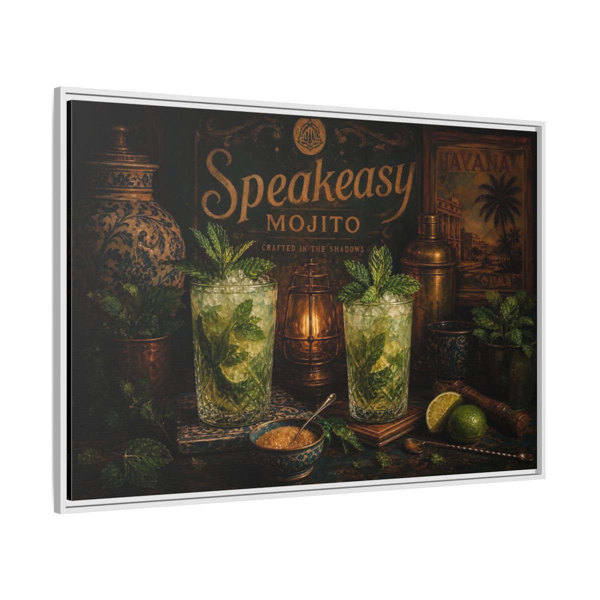 Side Mockup 7. Vintage Mojito Bar Scene shown as framed canvas print